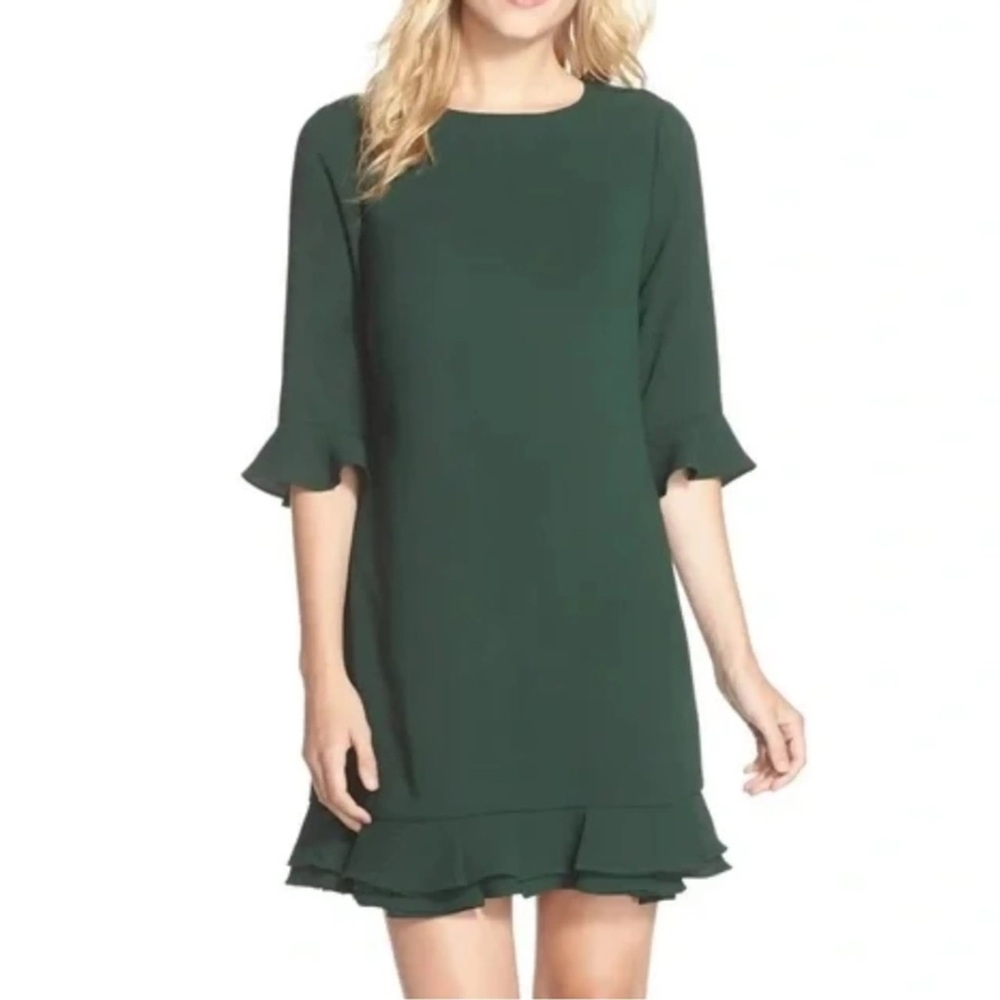 CeCe Green Ruffle Hem Shift Dress Size 10 | 3/4 Sleeve Mini Dress